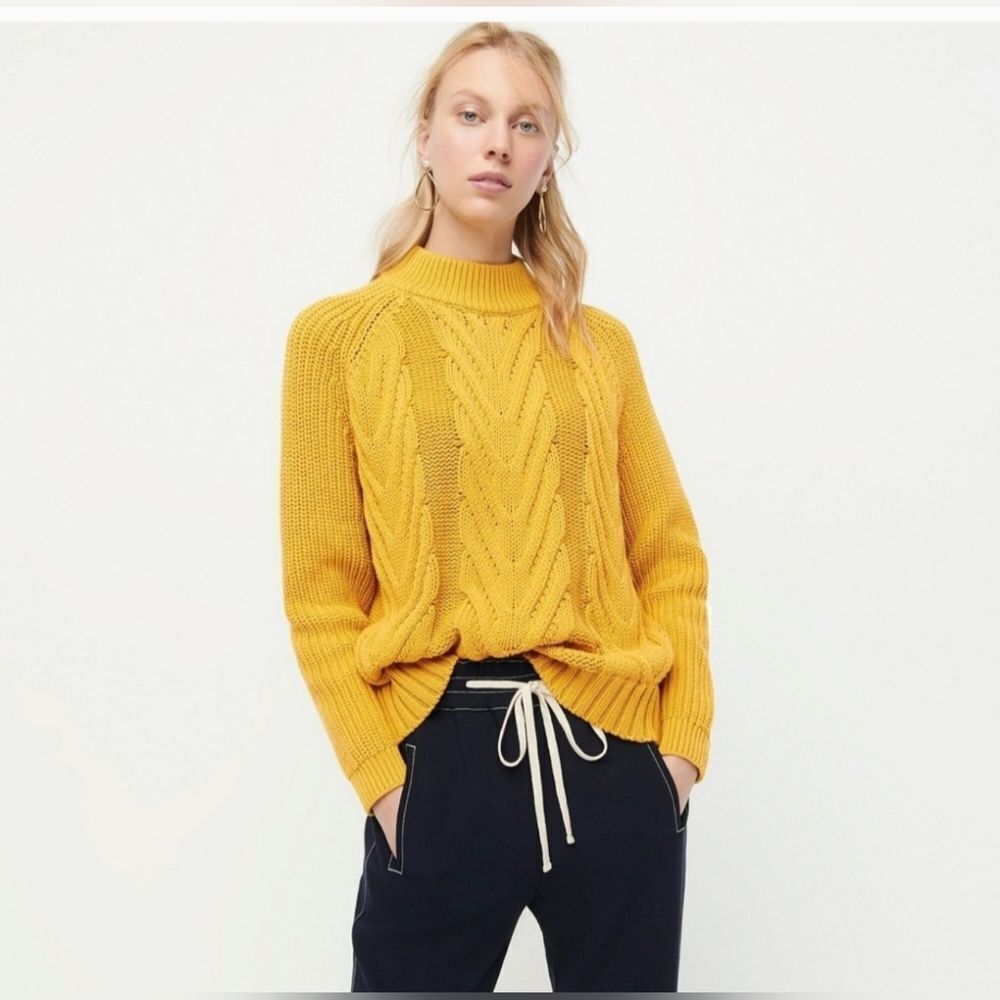 J. Crew Long Cotton Cable-Knit Mockneck Sweater in Mustard BD709 Sz M - Picture 5 of 9